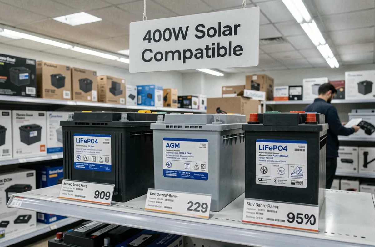 Comparaison de trois types de batteries compatibles panneau solaire 400W exposées en magasin de bricolage