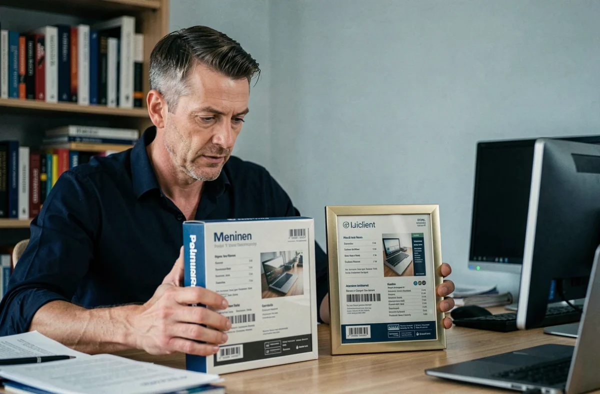 Homme comparant deux cadres photos numériques bon marché sur un bureau à domicile