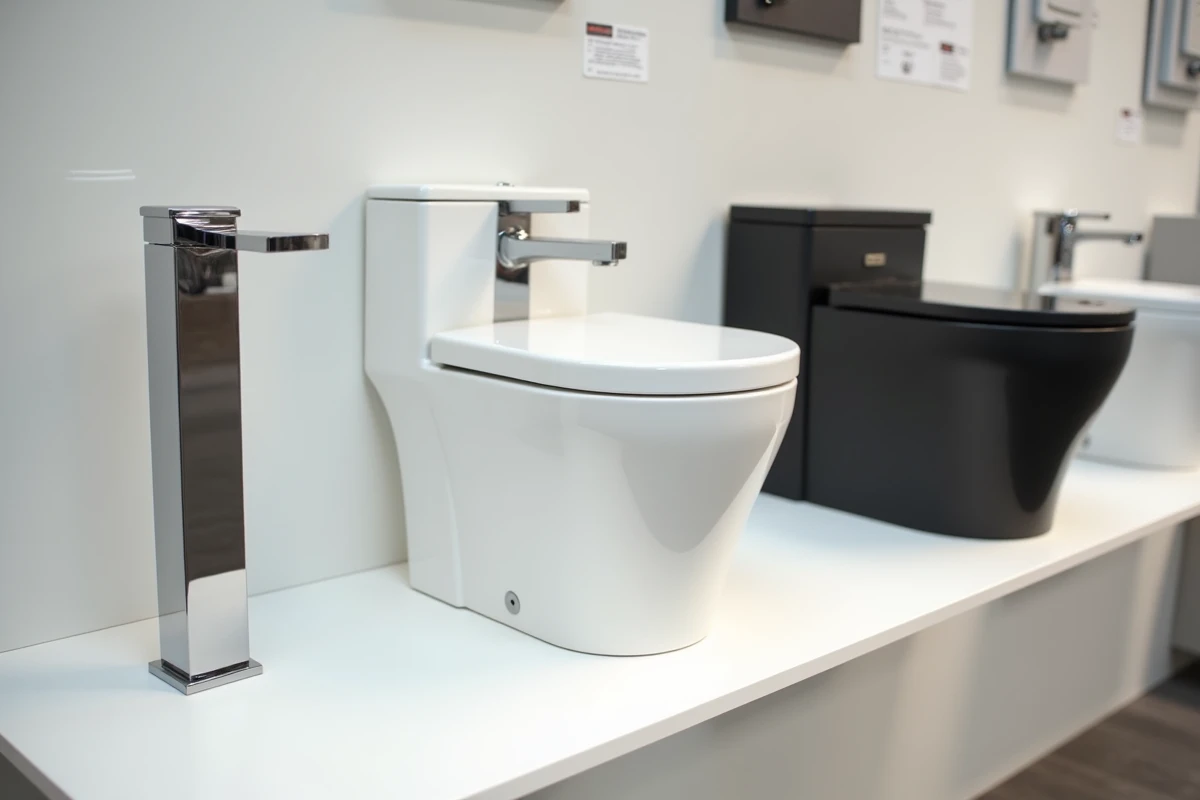 Comparaison de trois modèles de réservoirs lave-main WC différents exposés dans un showroom de salle de bains