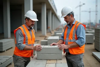 Ouvriers sur chantier comparant une poutrelle hourdi et une dalle pleine en béton pour évaluer le coût de construction