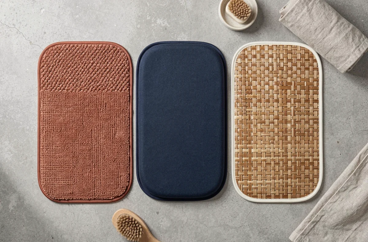 Comparaison de trois tapis de bain antidérapants design en terracotta, bleu marine et blanc cassé sur sol en béton gris