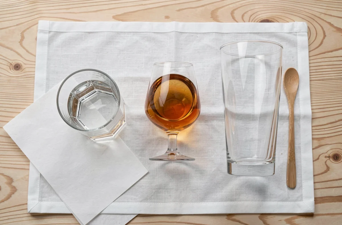 Comparatif de trois verres à whisky japonais différents en vue à plat sur lin blanc et bois de cyprès