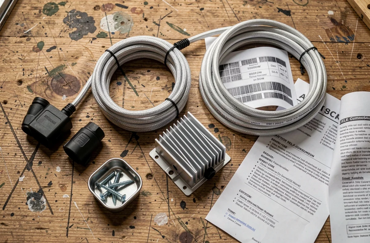 Composants d'un kit solaire autoconsommation 800W disposés sur une table d'atelier en bois : câbles, onduleur, connecteurs et documentation technique