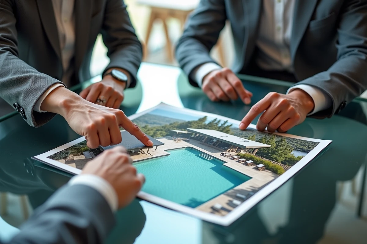 Consultation entre agents immobiliers autour d'une photo aérienne de villa contemporaine avec piscine posée sur une table en verre