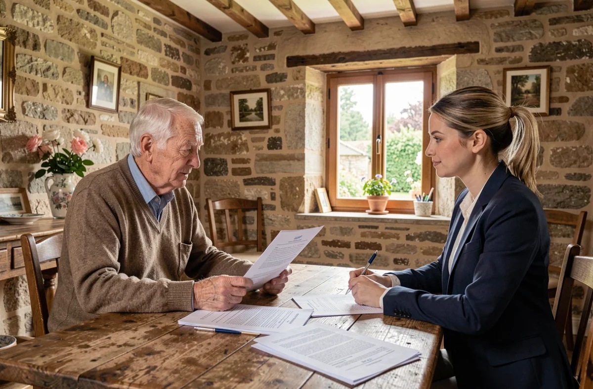 Personne âgée signant un contrat d'aide ménagère à domicile avec une coordinatrice de service à Carcassonne