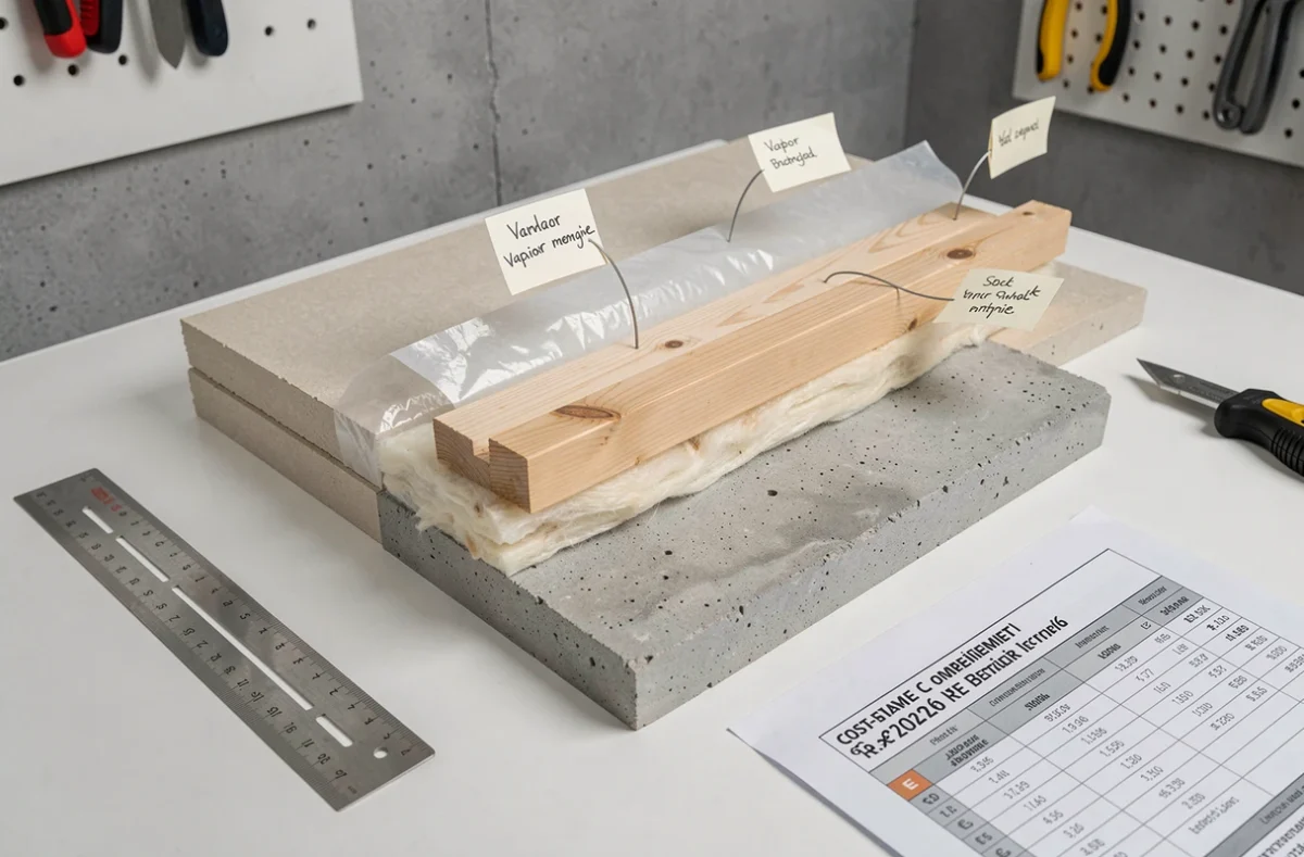 Coupe transversale d'un mur avec système d'isolation intérieure multicouche conforme RE 2026, présentant les matériaux et une estimation de coût au mètre carré