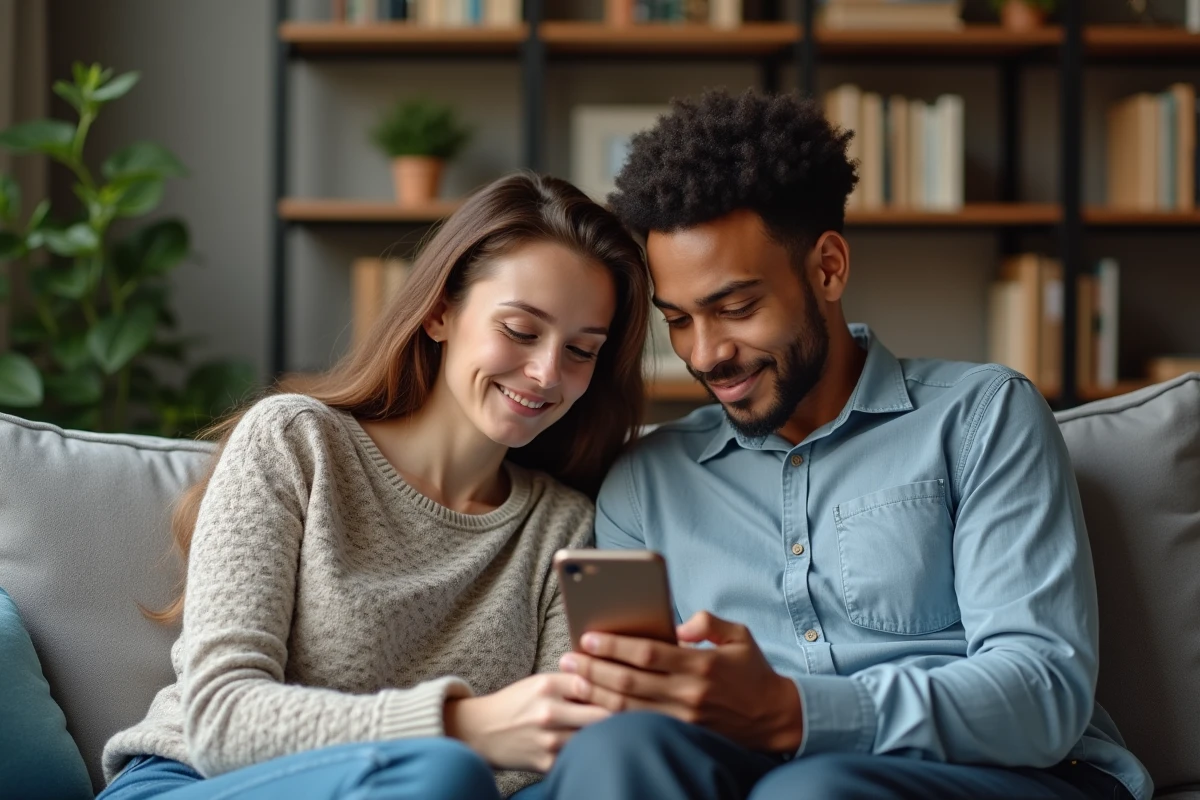 Couple souscrivant ensemble une assurance habitation en ligne depuis leur appartement via smartphone