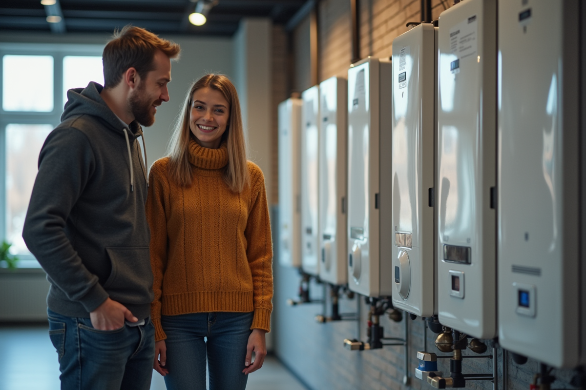 Jeune couple compare différents modèles de chaudières en showroom