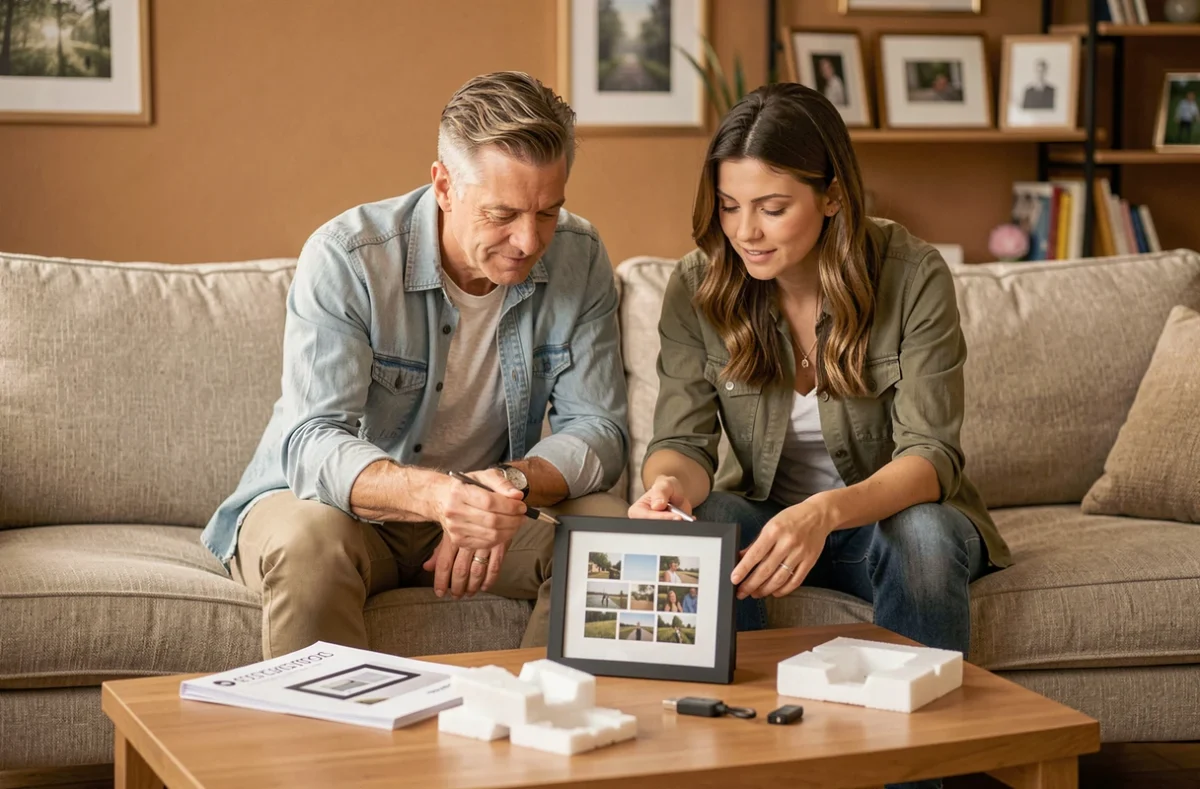 Couple configurant un cadre photo numérique économique après déballage dans leur salon