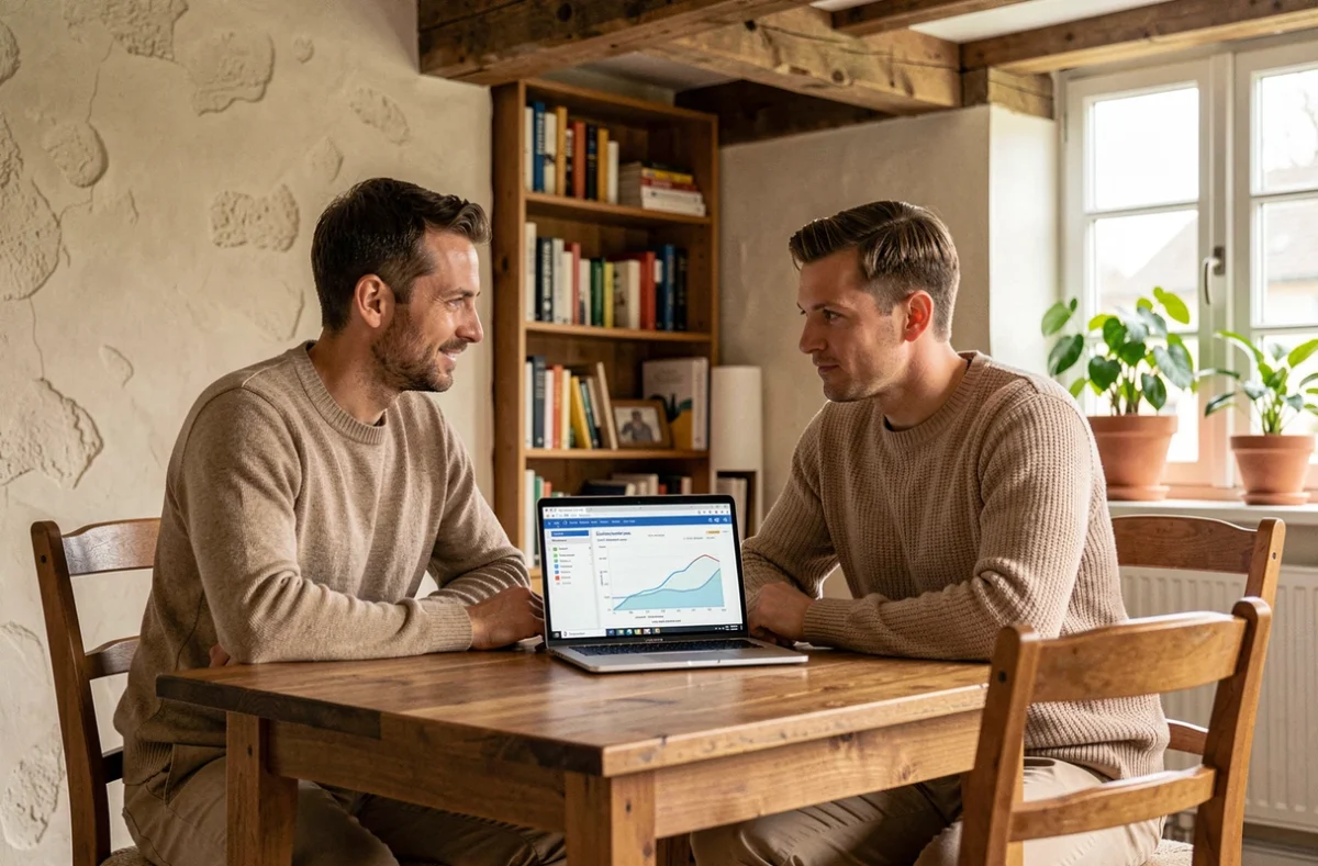 Couple consultant un bilan énergétique sur ordinateur dans une salle à manger de maison rénovée