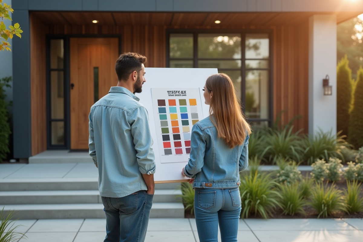 Jeune couple examinant échantillons de couleurs extérieurs