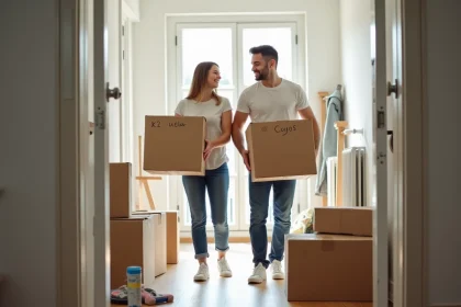 Jeune couple portant des cartons lors d'un emménagement dans un nouvel appartement