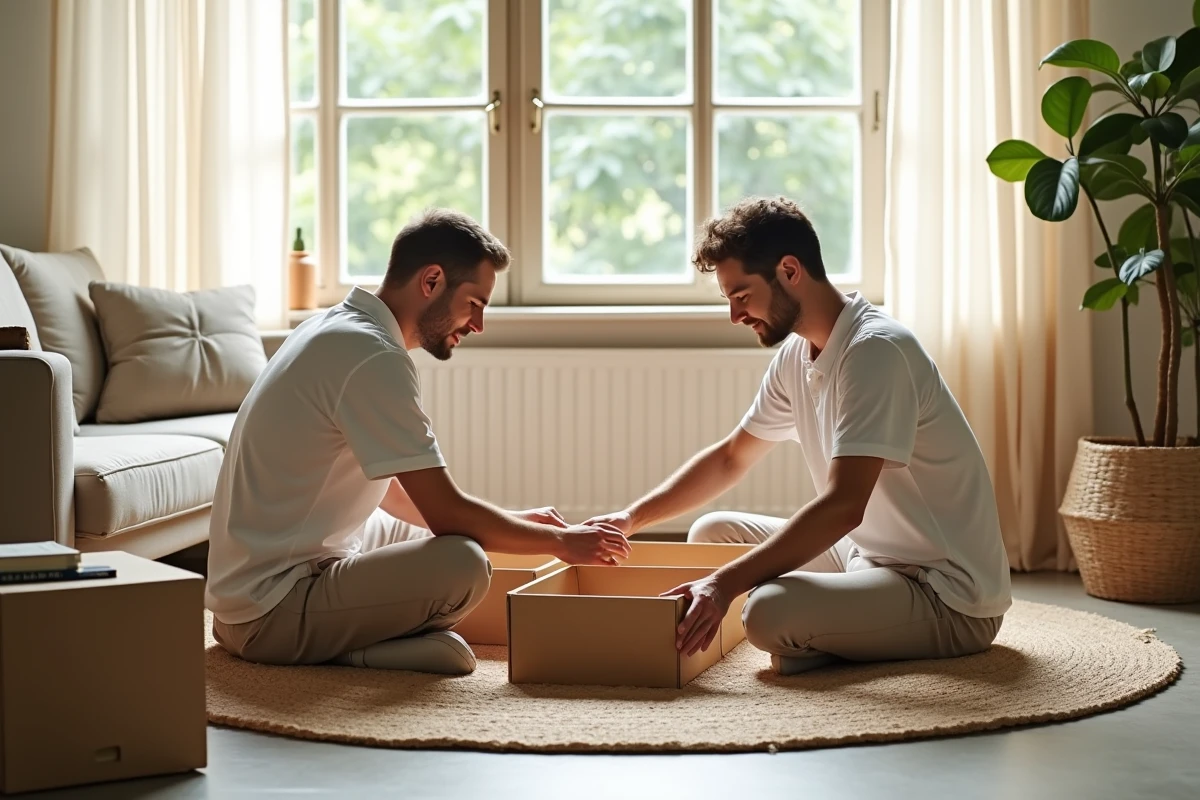 Couple assemblant un meuble en bois certifié FSC sur un tapis en jute dans un salon à décoration durable et naturelle