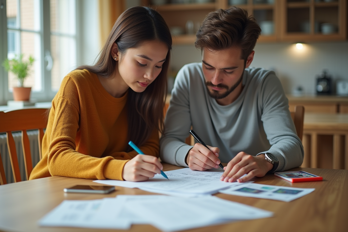 Jeune couple remplissant papiers dans la cuisine lumineuse