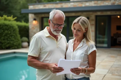 Couple français devant piscine et maison moderne