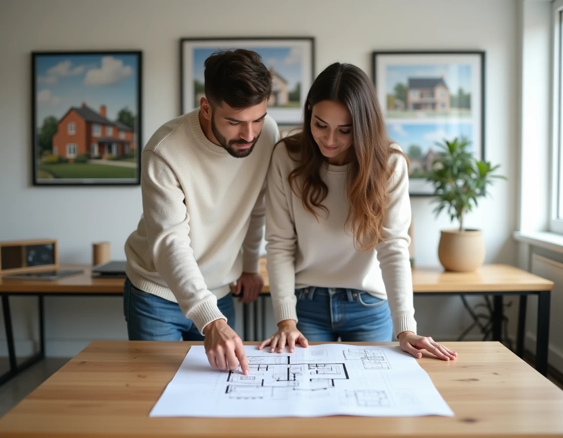 Couple de futurs propriétaires consultant les plans de leur maison avec un conseiller constructeur dans une agence immobilière du Nord