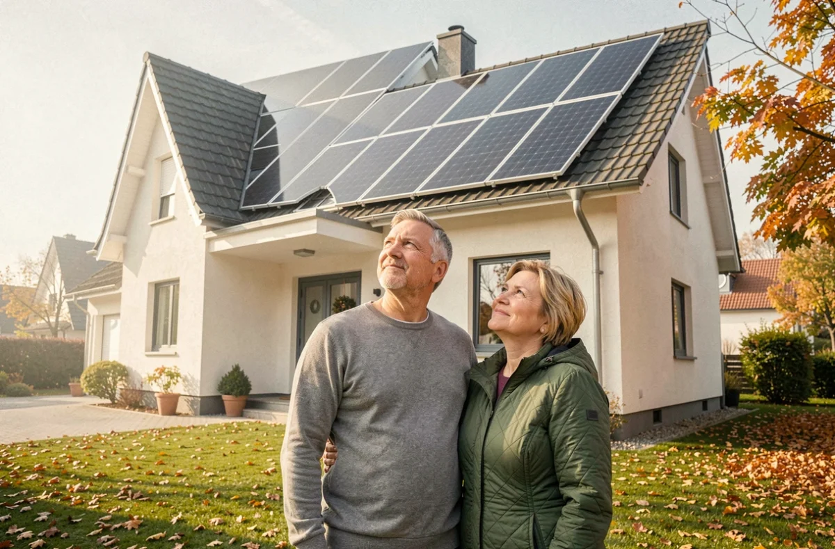 Couple de propriétaires allemands admirant leurs nouveaux panneaux solaires installés sur leur maison de banlieue en automne
