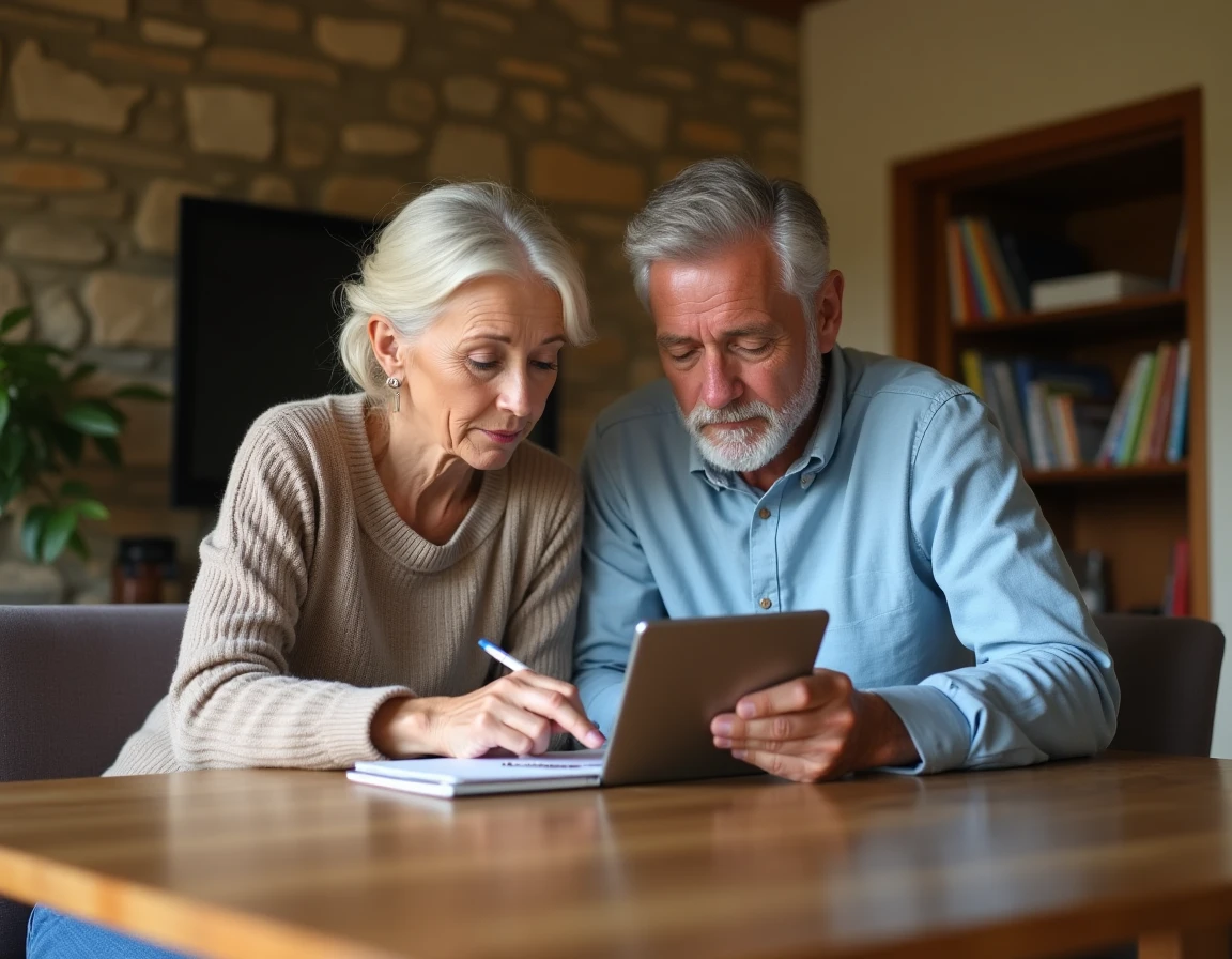Couple de propriétaires cherchant un artisan de confiance sur une tablette dans leur maison de campagne