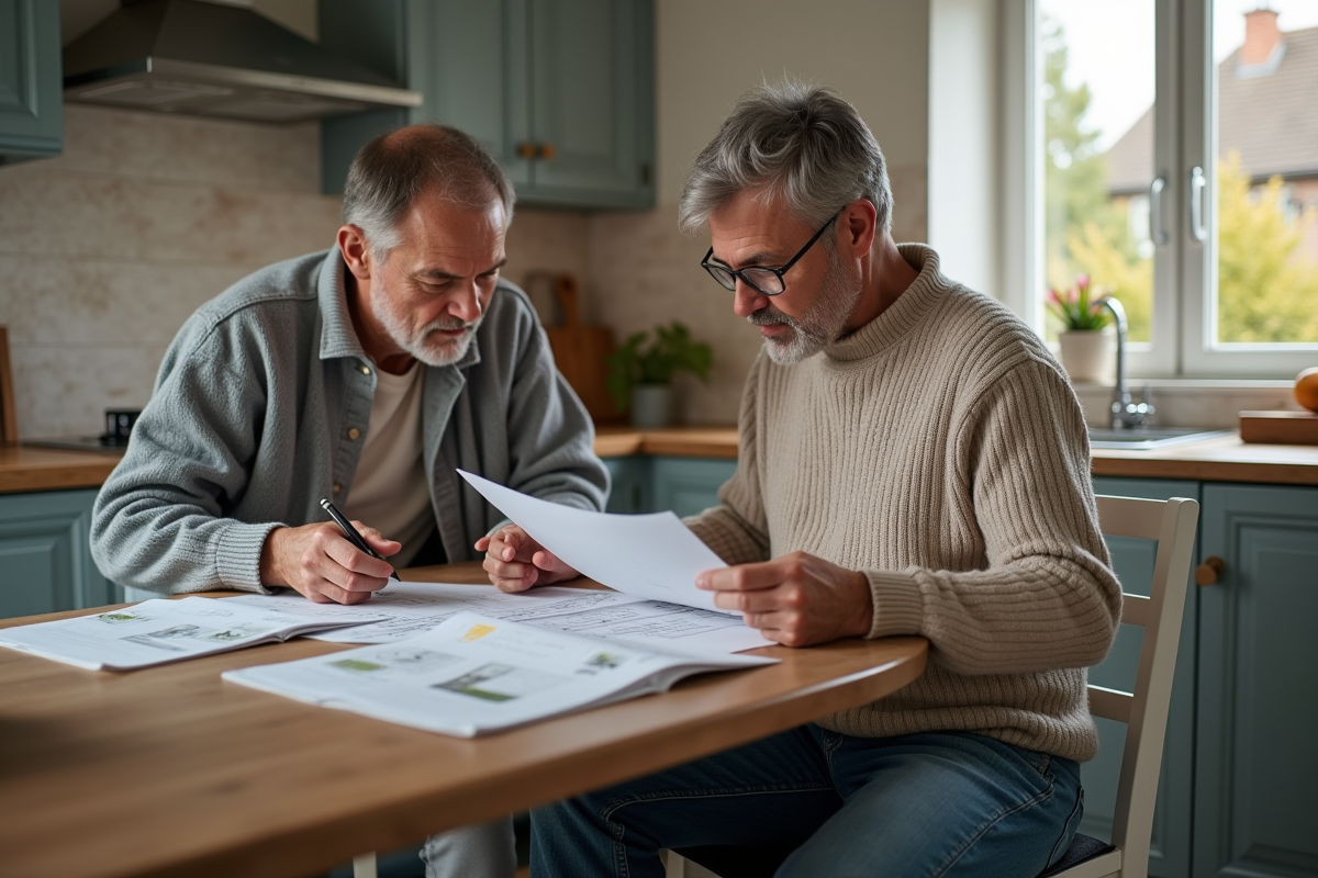 Couple français examine documents de rénovation dans la cuisine