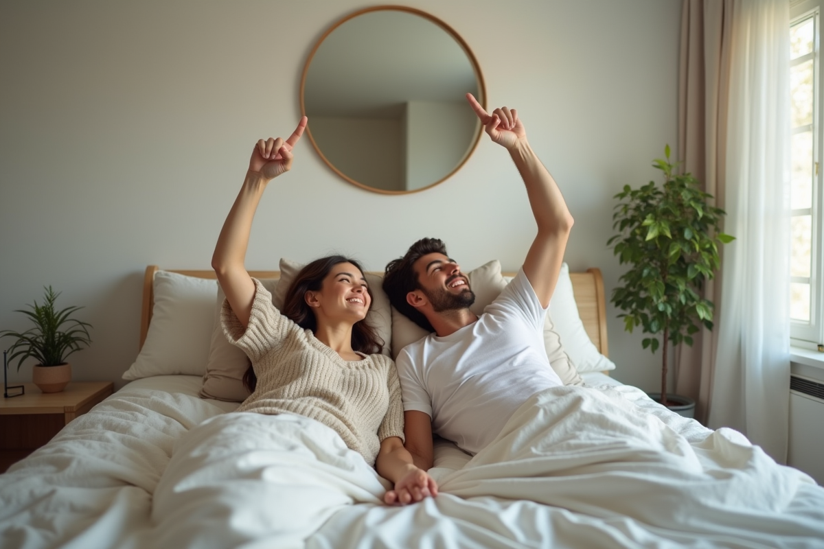 Jeune couple regardant leur reflet dans un miroir au plafond