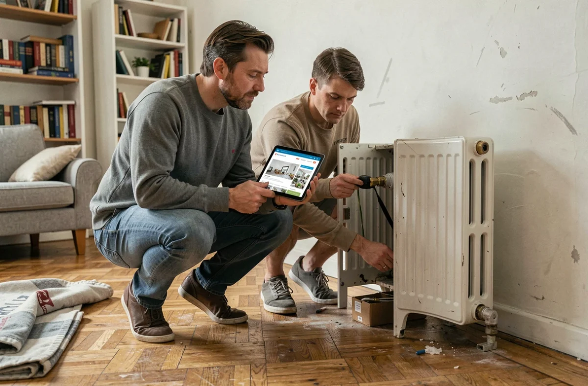 Couple consultant un site d'informations sur tablette devant un radiateur à réparer dans un salon, avant de faire appel à un artisan chauffagiste