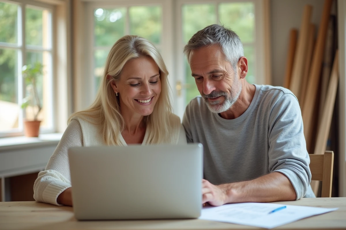 Couple examine guide de rénovation sur un ordinateur dans une véranda