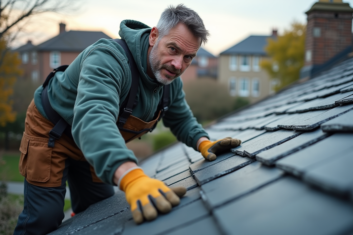 Ouvrier couvreur posant des ardoises sur un toit de banlieue