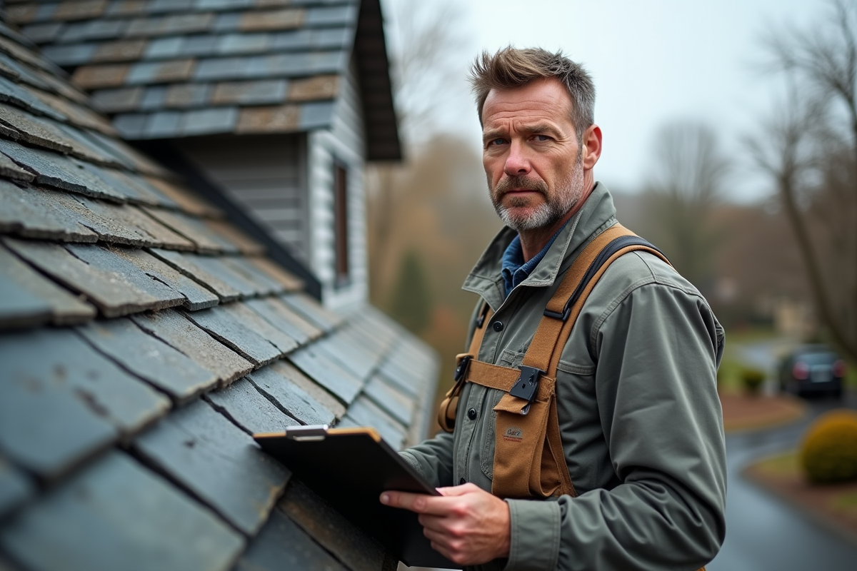 Ouvrier couvreur inspectant un vieux toit en ardoise