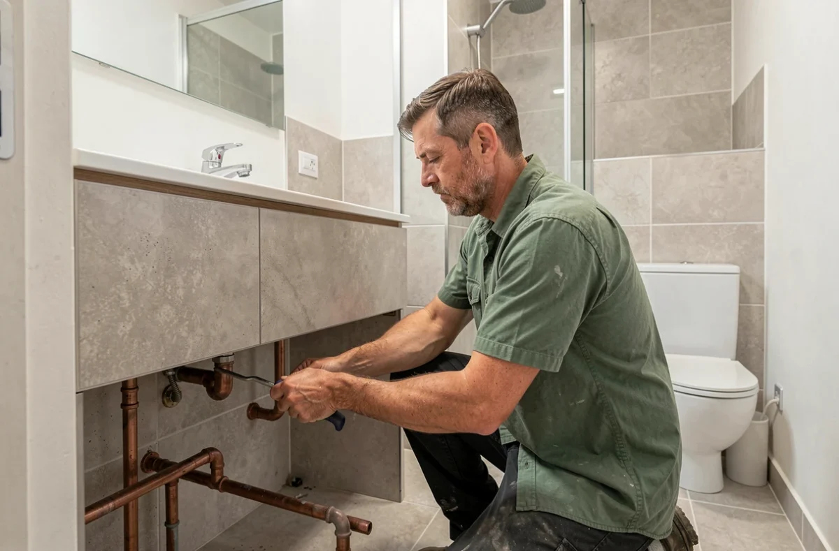 Artisan polyvalent travaillant à la fois sur la plomberie et le carrelage dans une salle de bain à Vannes dans le Morbihan