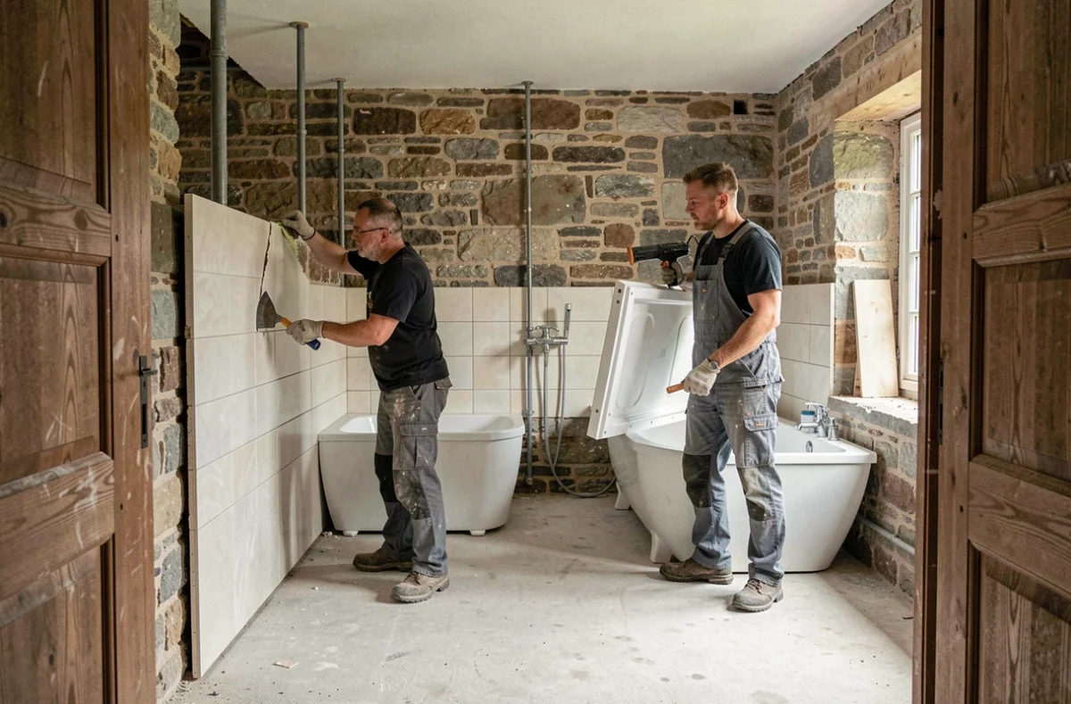 Équipe de rénovation démontant une ancienne salle de bain dans une maison en pierre du Morbihan pour une réfection complète