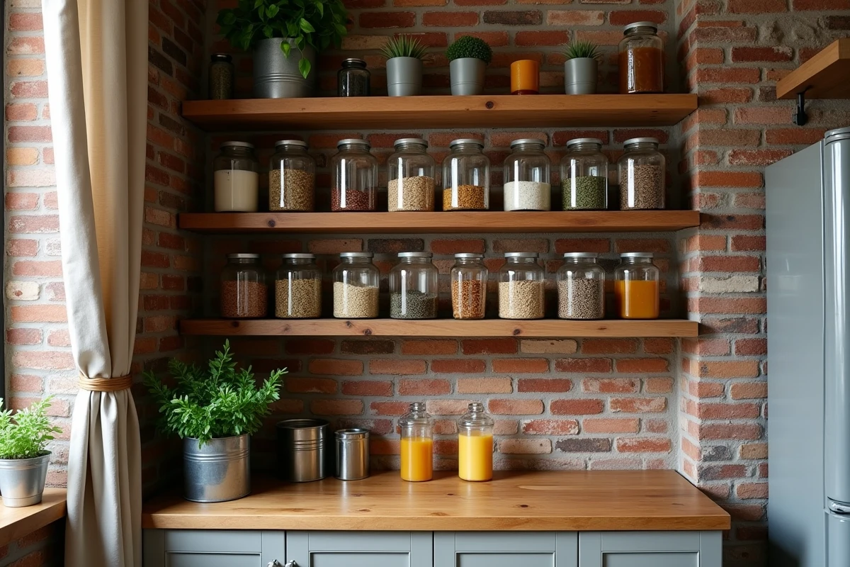 Cuisine écologique avec étagères en bois, bocaux en verre réutilisables et plantes aromatiques en conserves recyclées
