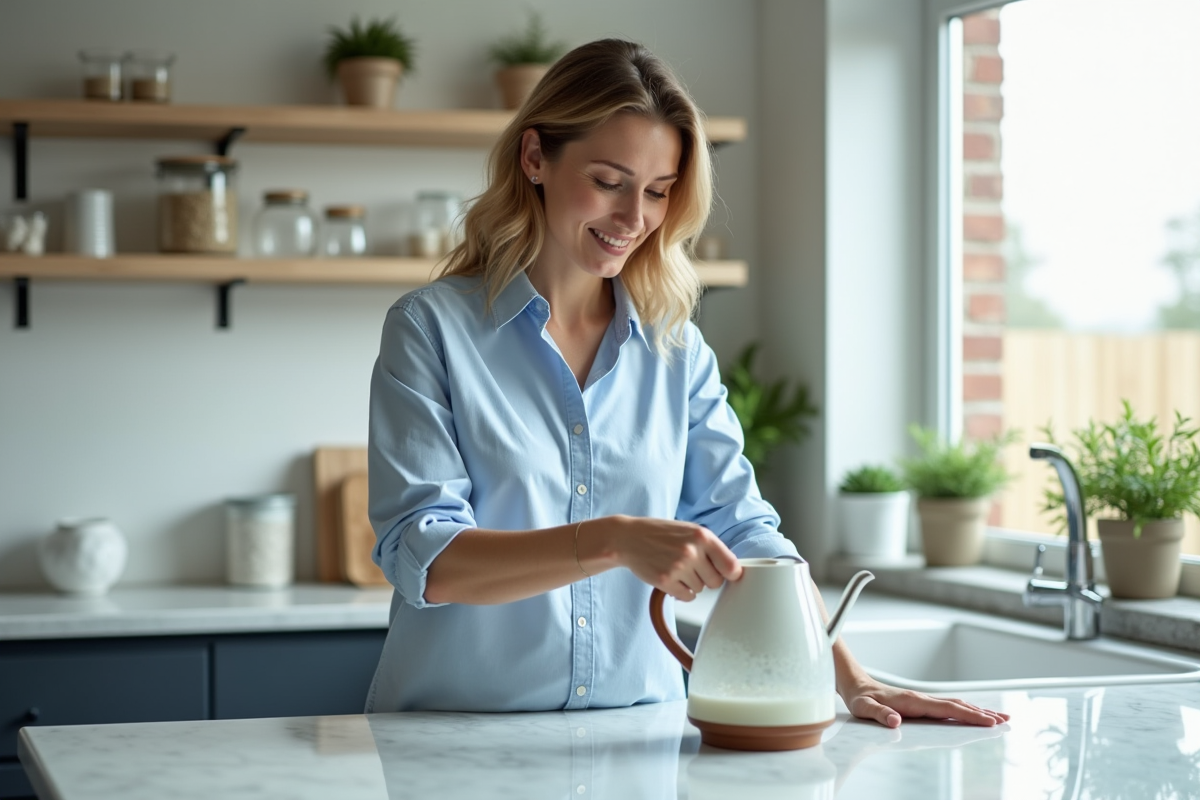 Femme versant vinaigre blanc dans une bouilloire pour détartrer