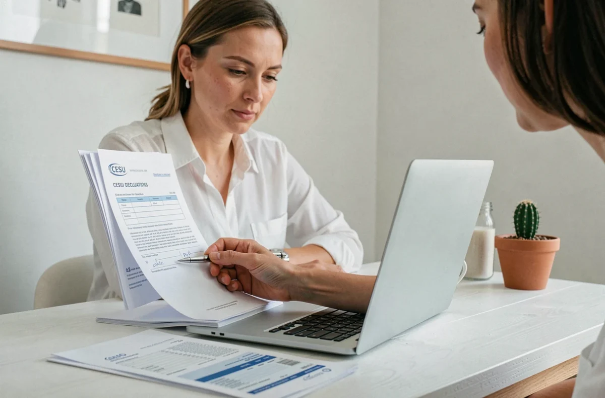 Femme effectuant une déclaration CESU en ligne sur un ordinateur portable avec des documents de paie sur le bureau