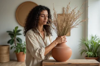 Femme arrangeant des fleurs séchées dans un vase en terre cuite sur une étagère en bois recyclé, décoration écologique maison