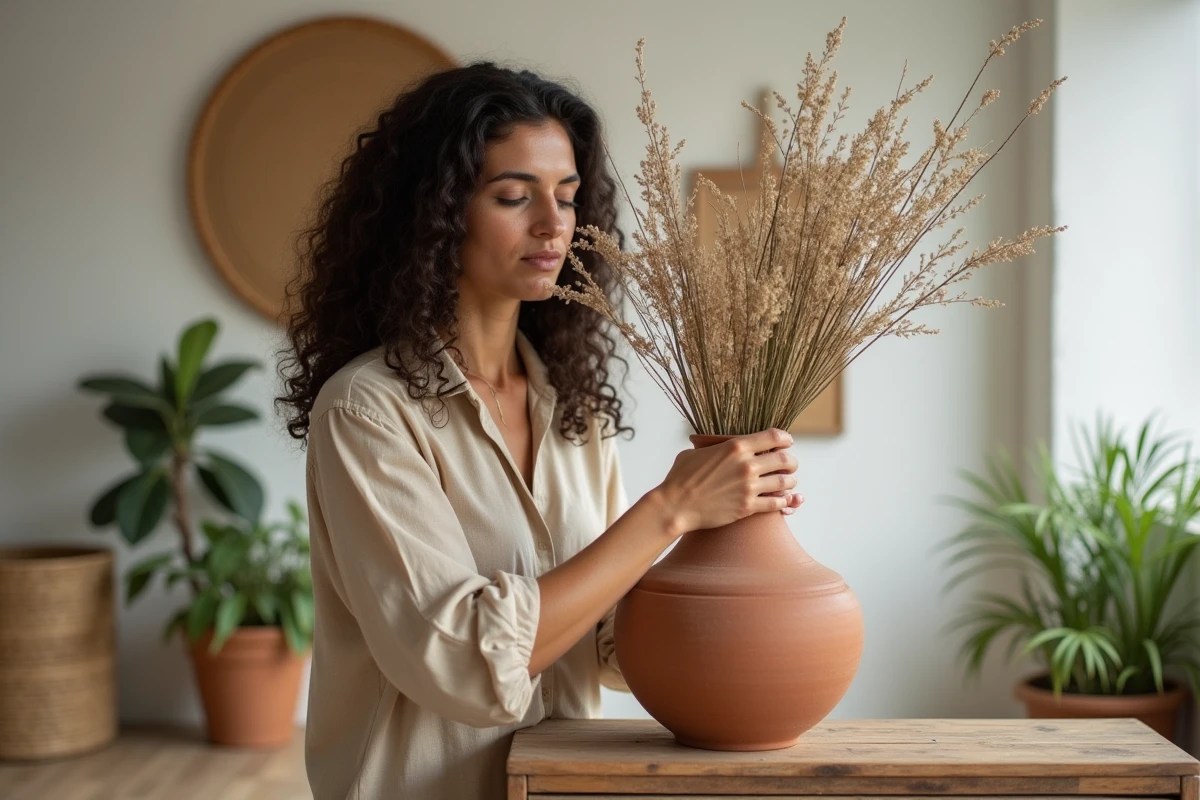 Femme arrangeant des fleurs séchées dans un vase en terre cuite sur une étagère en bois recyclé, décoration écologique maison