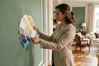 Designer d'intérieur comparant des échantillons de peinture luxe contre un mur vert sauge dans un appartement parisien haussmannien