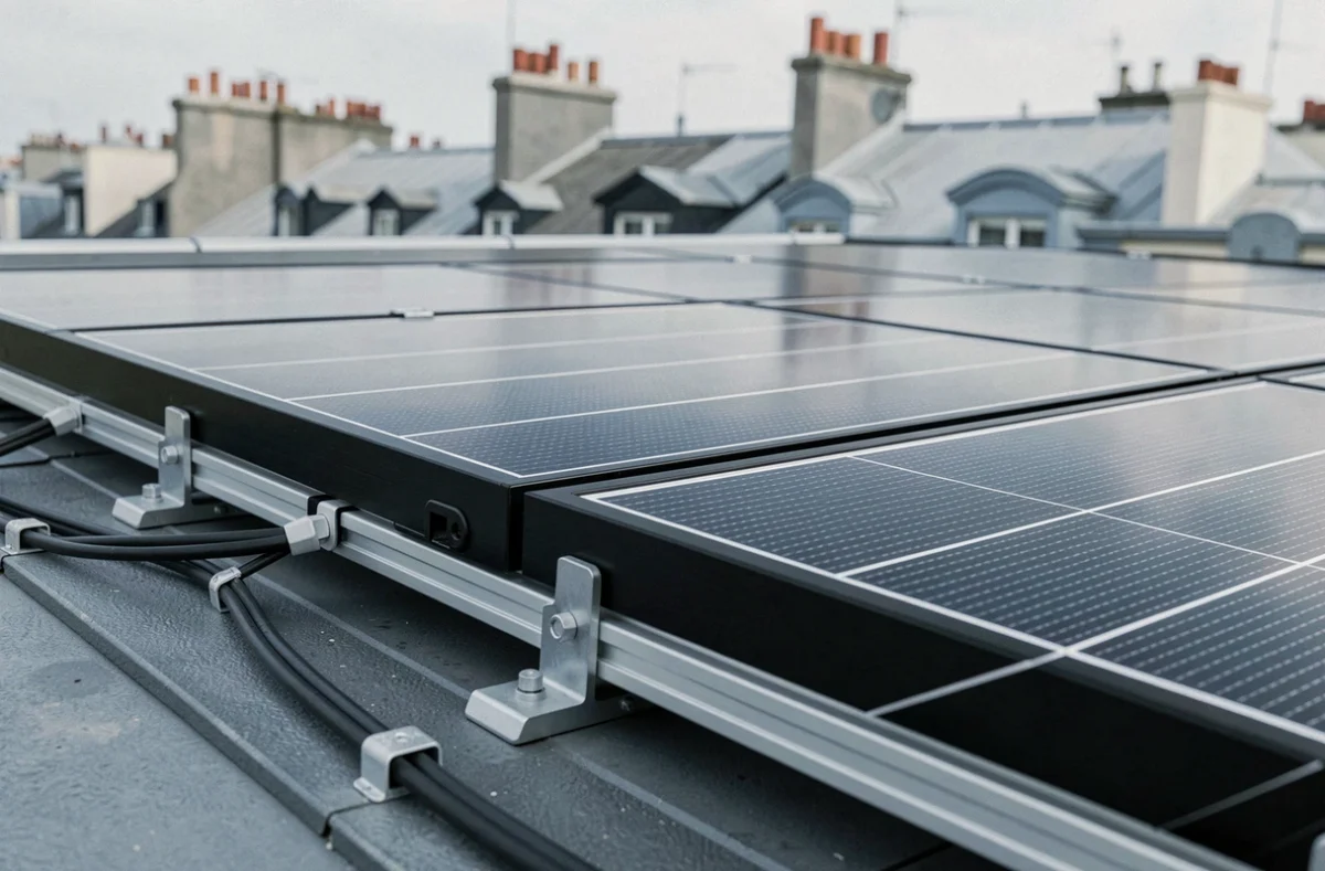 Gros plan sur les panneaux photovoltaïques et le système de fixation sur rail d'une toiture moderne en milieu urbain français