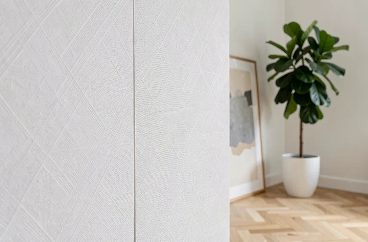 Gros plan sur le raccord et la texture d'un papier peint blanc intissé dans un salon décoré avec une plante verte et parquet chêne