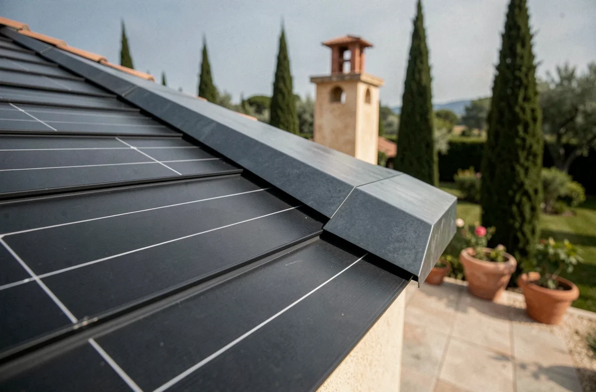 Détail architectural d'une jonction entre tuiles photovoltaïques intégrées et faîtage en zinc sur une villa contemporaine dans le sud de la France