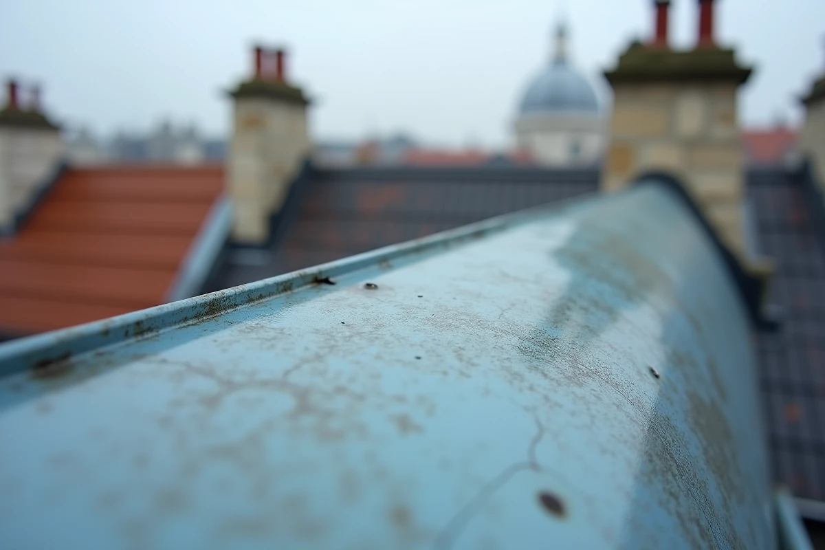 Détail macro d'une rive en zinc patiné sur une toiture parisienne avec finition gris-bleu mat et dépôts minéraux naturels