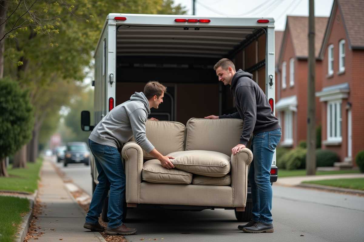 Deux jeunes hommes chargeant un sofa usé dans une camionnette