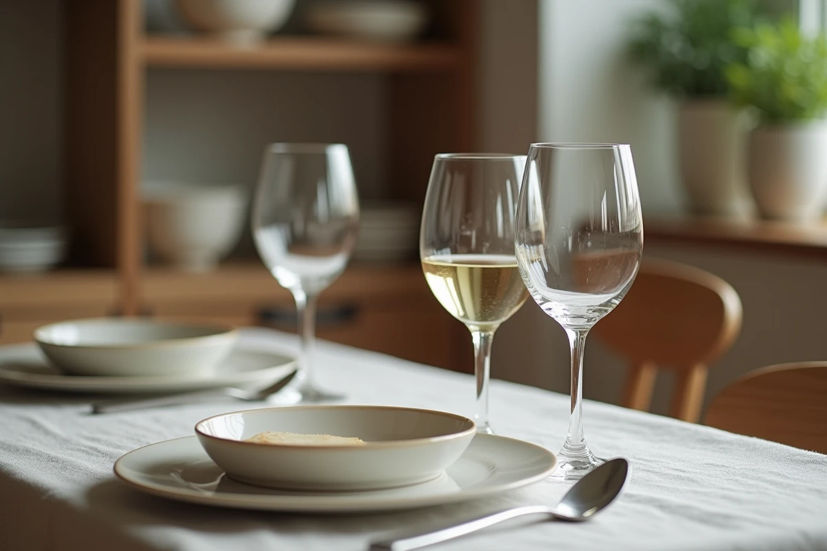 Gros plan sur un placement de verres à vin et à eau autour d'une assiette ronde simple sur nappe en lin