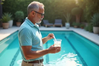Homme dosant de la javel dans un verre gradué au bord d'une piscine résidentielle pour l'entretien de l'eau