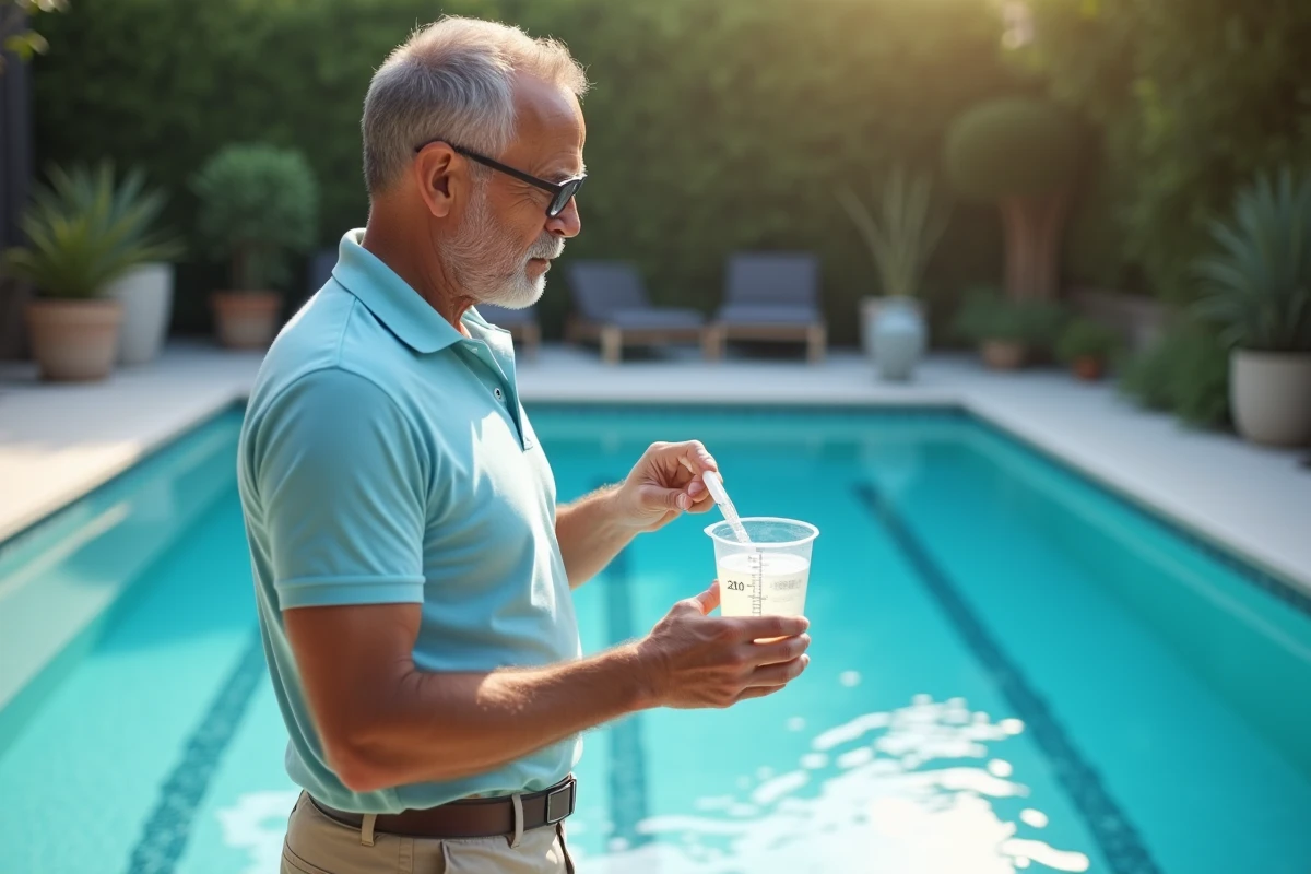 Homme dosant de la javel dans un verre gradué au bord d'une piscine résidentielle pour l'entretien de l'eau
