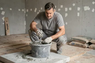 Ouvrier mélangeant un dosage de mortier pour chape sur une ancienne dalle béton lors de travaux de rénovation intérieure