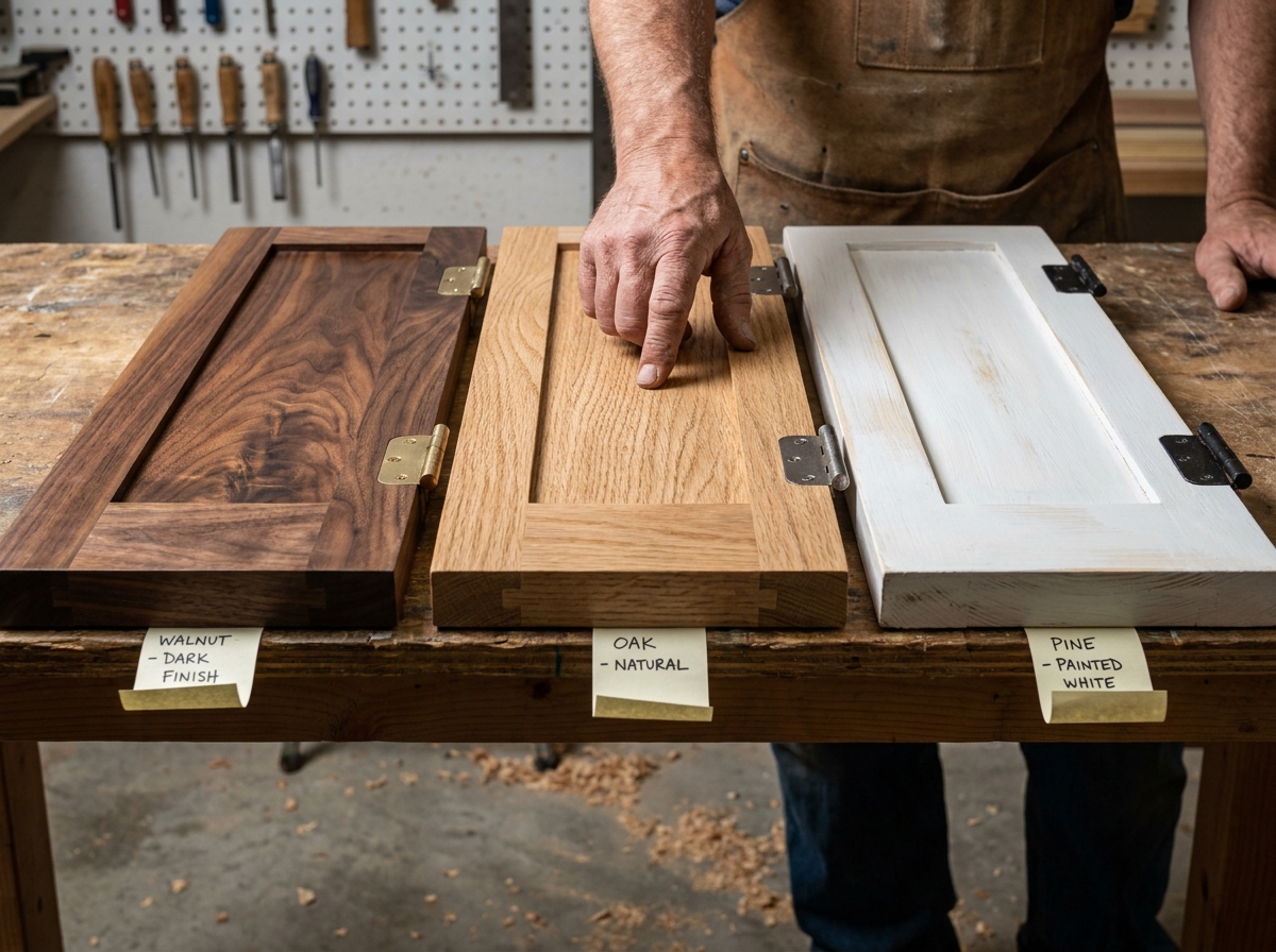 Comparaison de trois échantillons de bois pour porte battante chez un menuisier