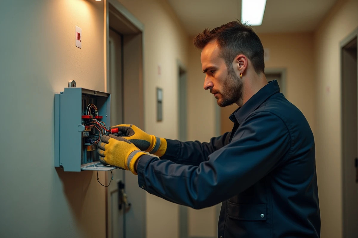 Électricien professionnel réalisant le branchement d'un BAES dans le couloir d'un immeuble résidentiel