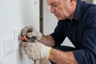 Électricien mesurant la terre d'une prise électrique avec un multimètre numérique