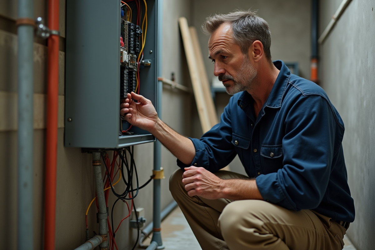 Électricien homme inspectant un panneau électrique dans un local
