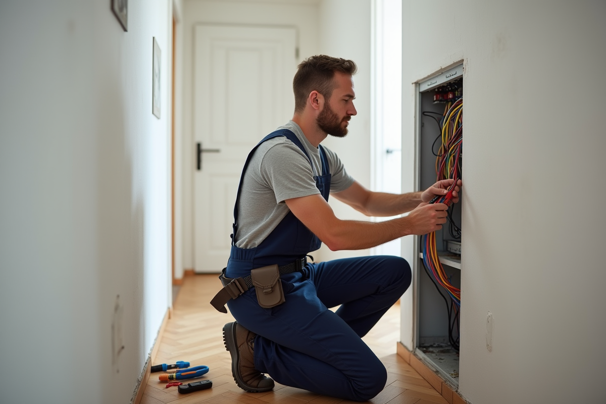 Électricien inspectant un panneau électrique dans un appartement